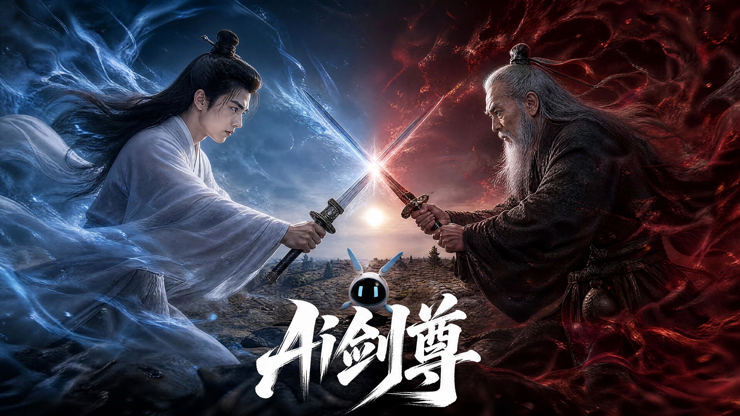 《AI剑尊》封面，青年剑客与老年剑客在冰蓝与赤红剑意中交锋