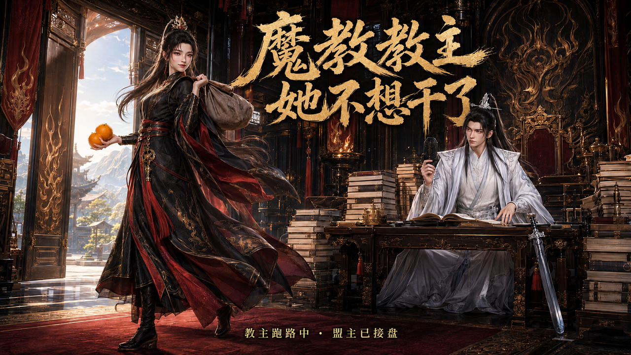 《魔教教主不干了》封面，魔教教主离开权位与白衣男子对峙