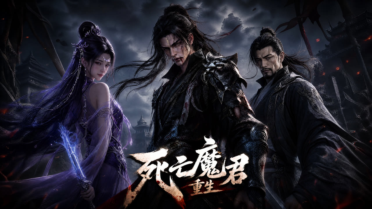 AI漫剧《死亡魔君》封面，叶岚、紫烟与纯一剑仙置身暗黑玄幻战场
