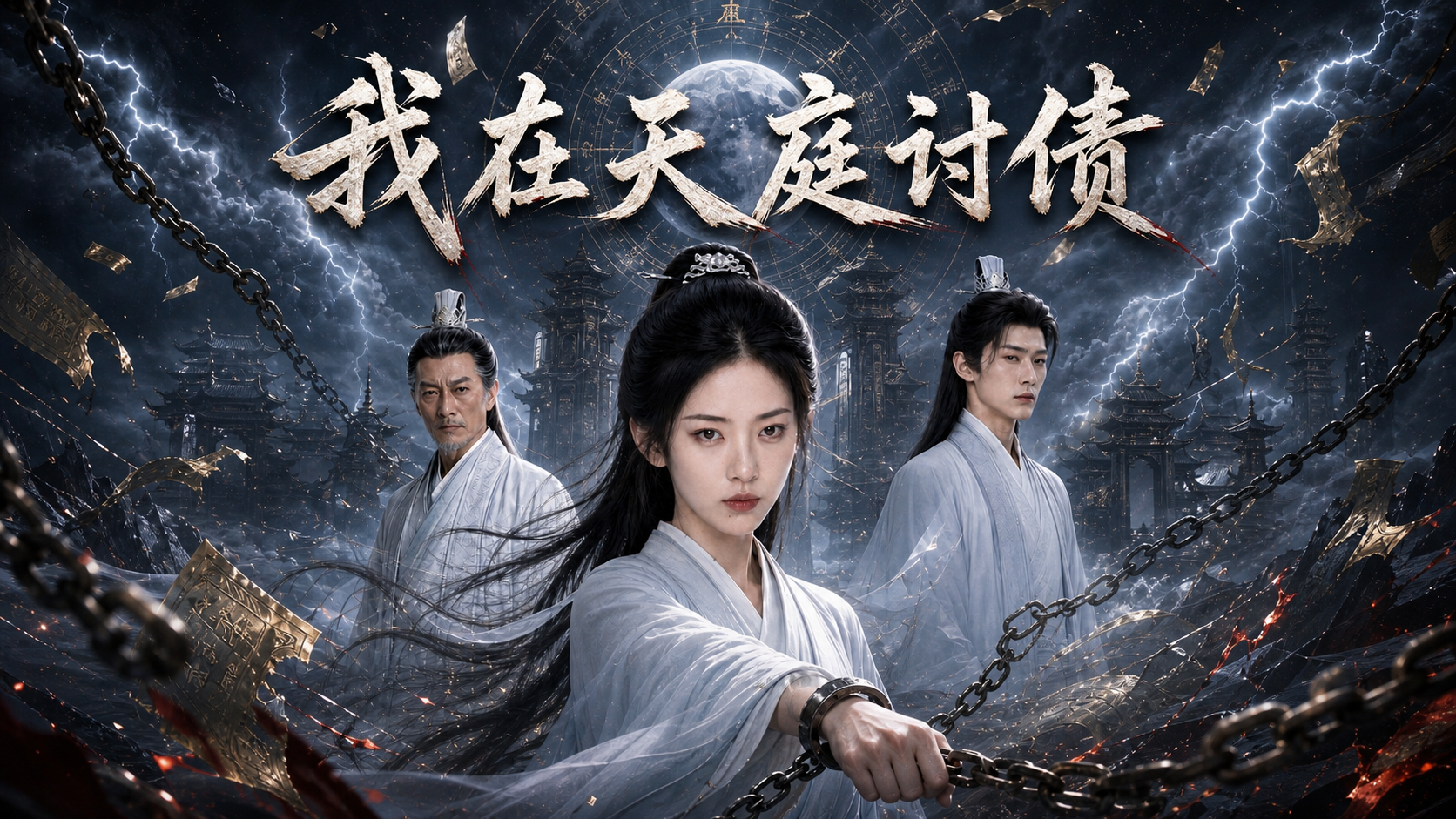 《我在天庭讨债》封面，女主与师父、师兄置身雷云锁链交织的仙界