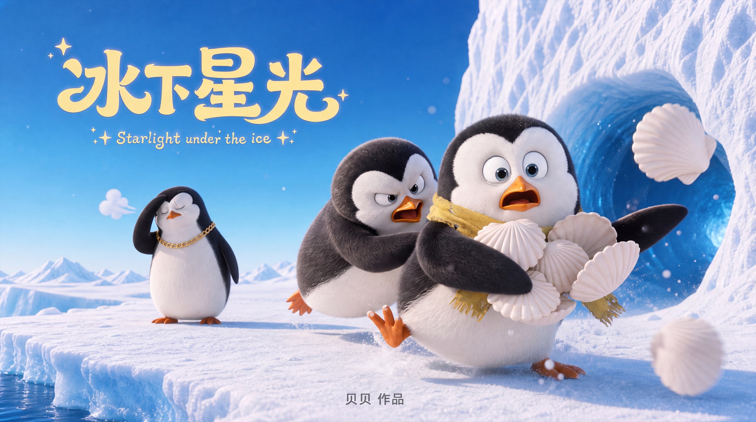 《冰下星光》封面，小企鹅在冰原上追逐散落的贝壳