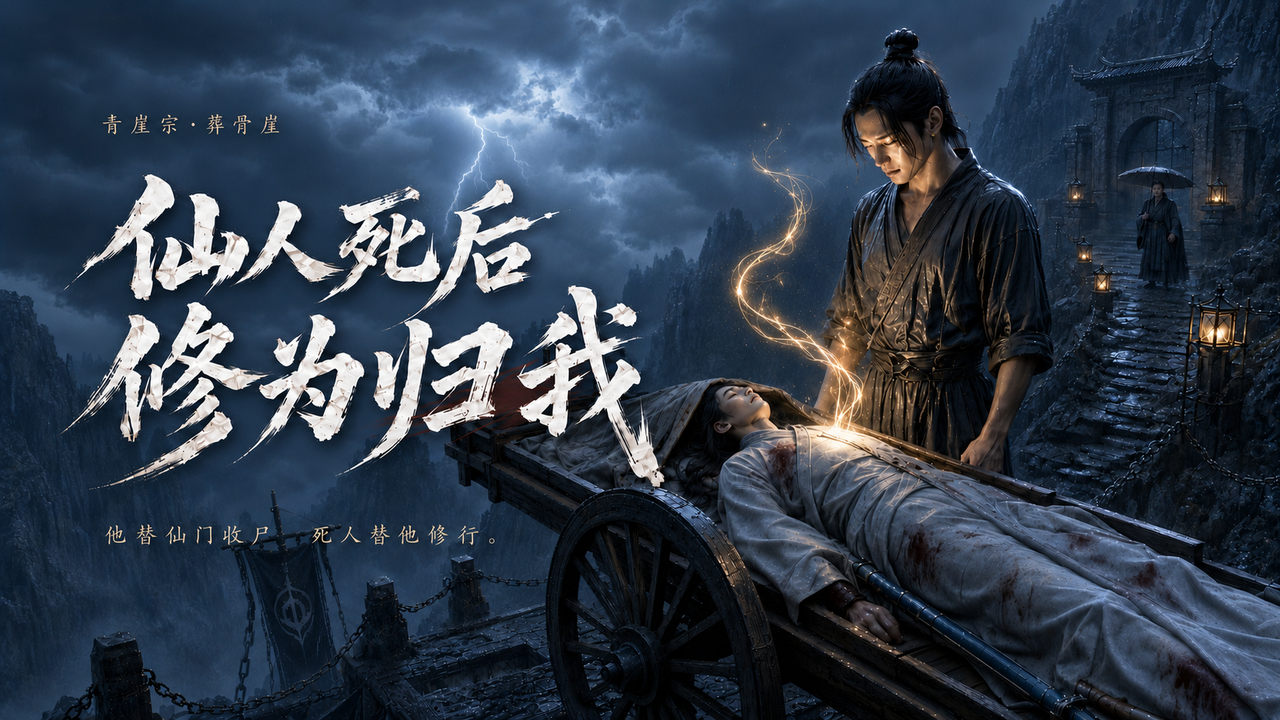 《仙人死后，修为归我》封面，青年在雷雨山门中为仙人收殓