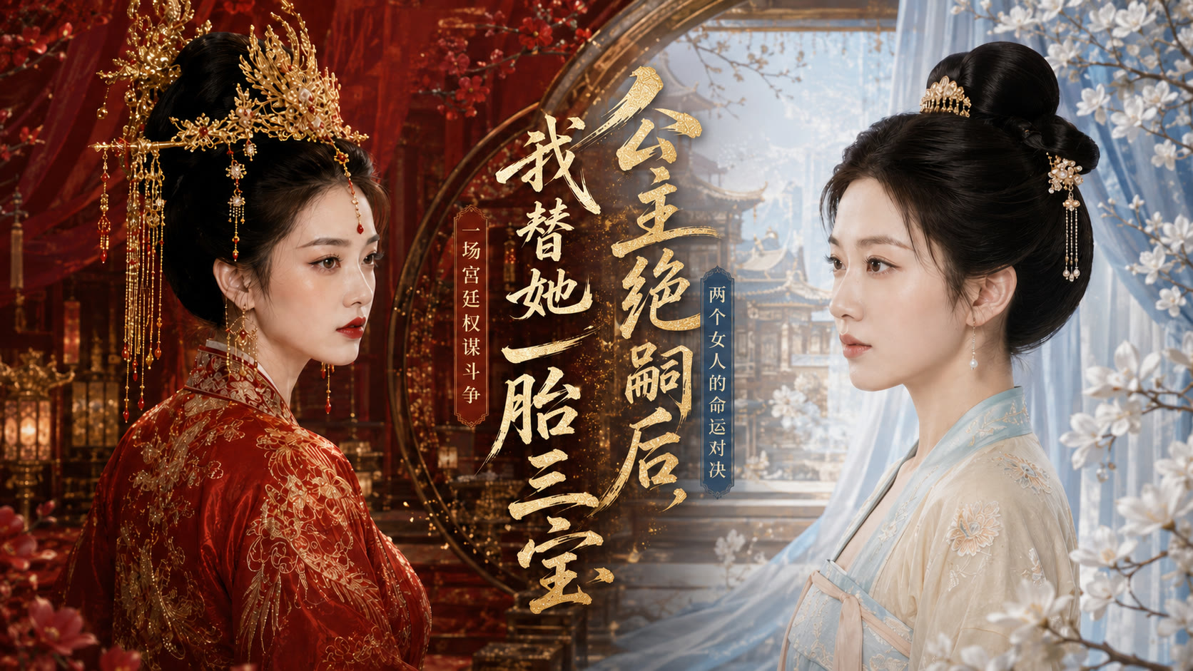 AI短剧《公主绝嗣后，我替她一胎三宝》封面，两位宫廷女子分立红蓝场景