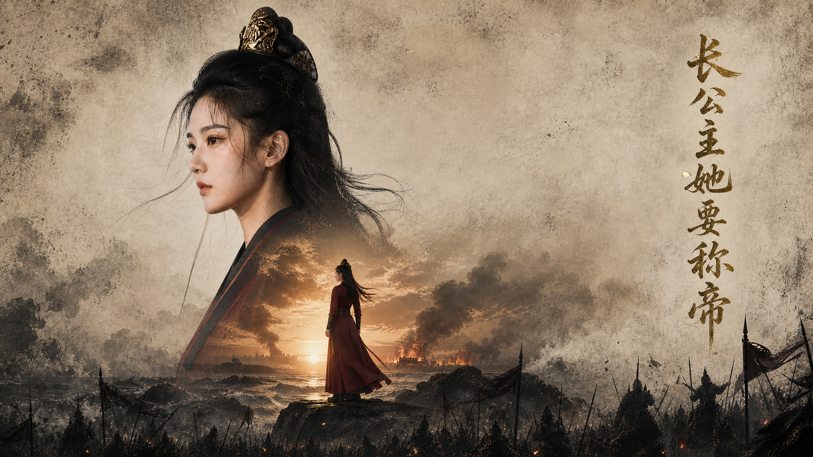 《长公主她要称帝》封面，长公主立于烽火战场与水墨山河之间