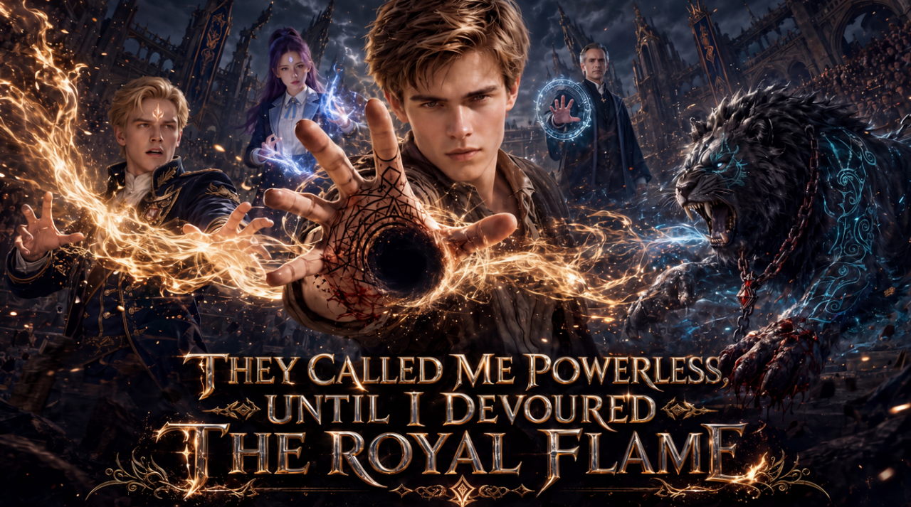 《They Called Me Powerless, Until I Devoured the Royal Flame》封面，青年在王室竞技场中释放火焰力量