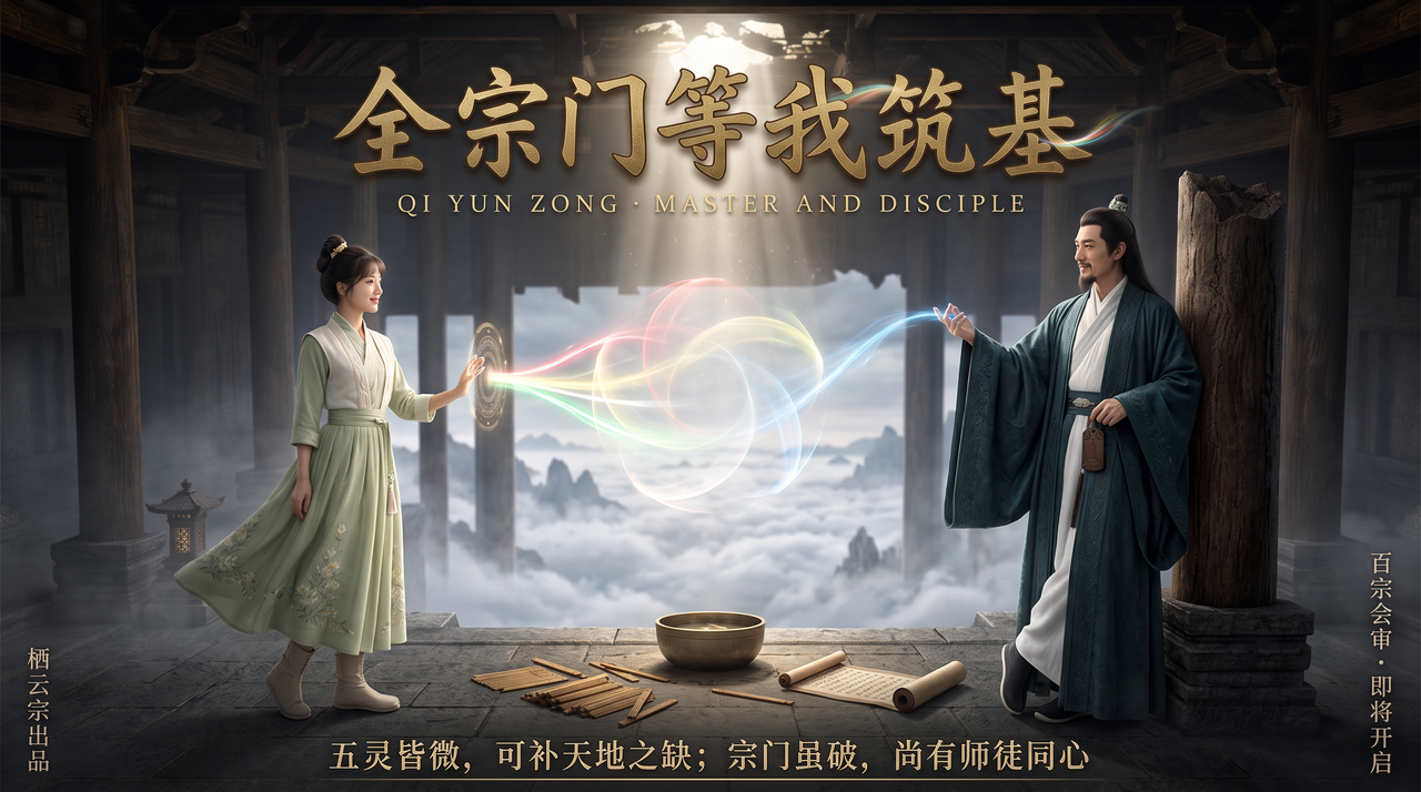 《全宗门等我筑基》封面，宗门师徒在云海大殿中等待筑基契机