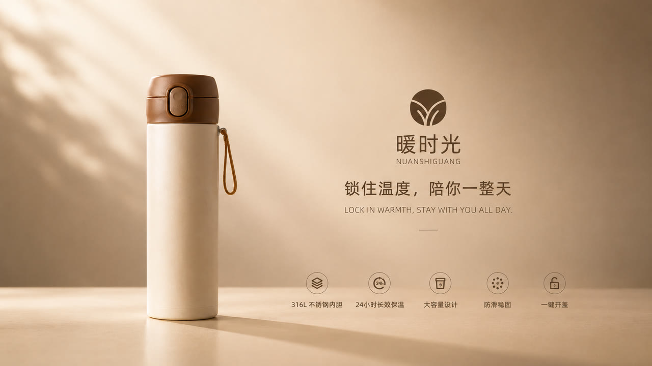AI广告片《暖时光》封面，保温杯置于温暖日光下