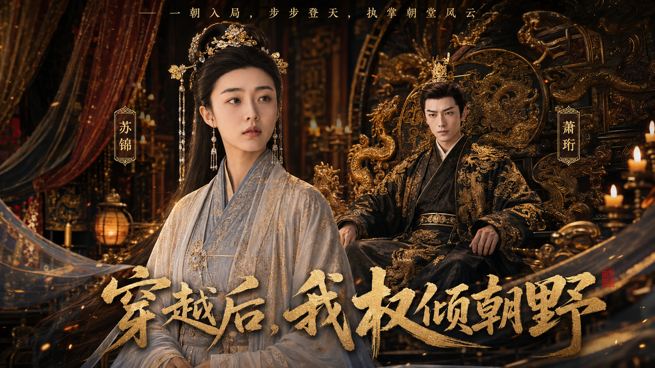 《穿越后，我权倾朝野》封面，深宫中的女子与帝王置身朝堂权谋暗局